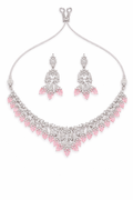 Elegant Silver Necklace Set with Pink Dangling Stones