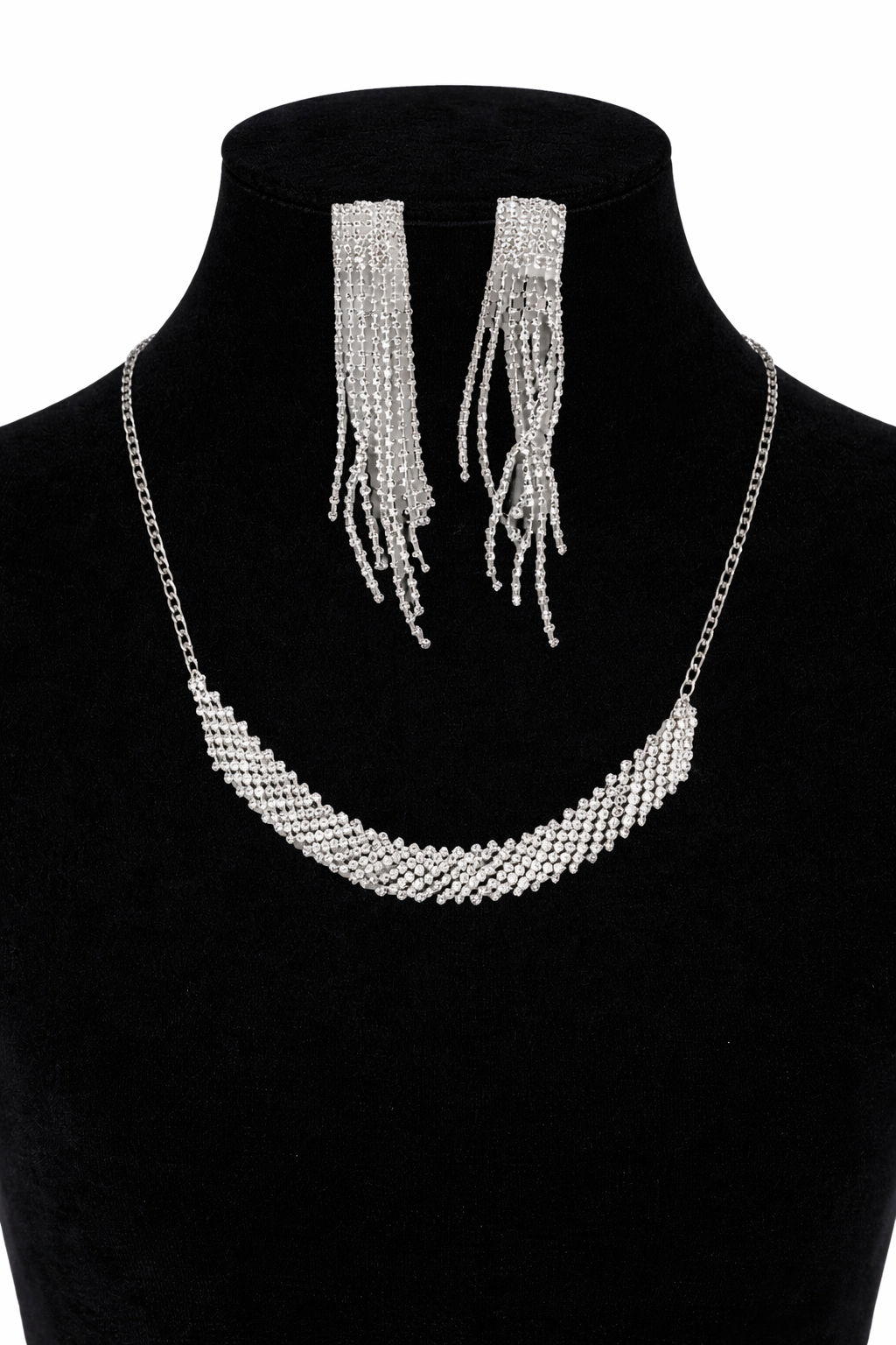 Silver AD Necklace Set with Crystal Layers and Long Tassel Earrings