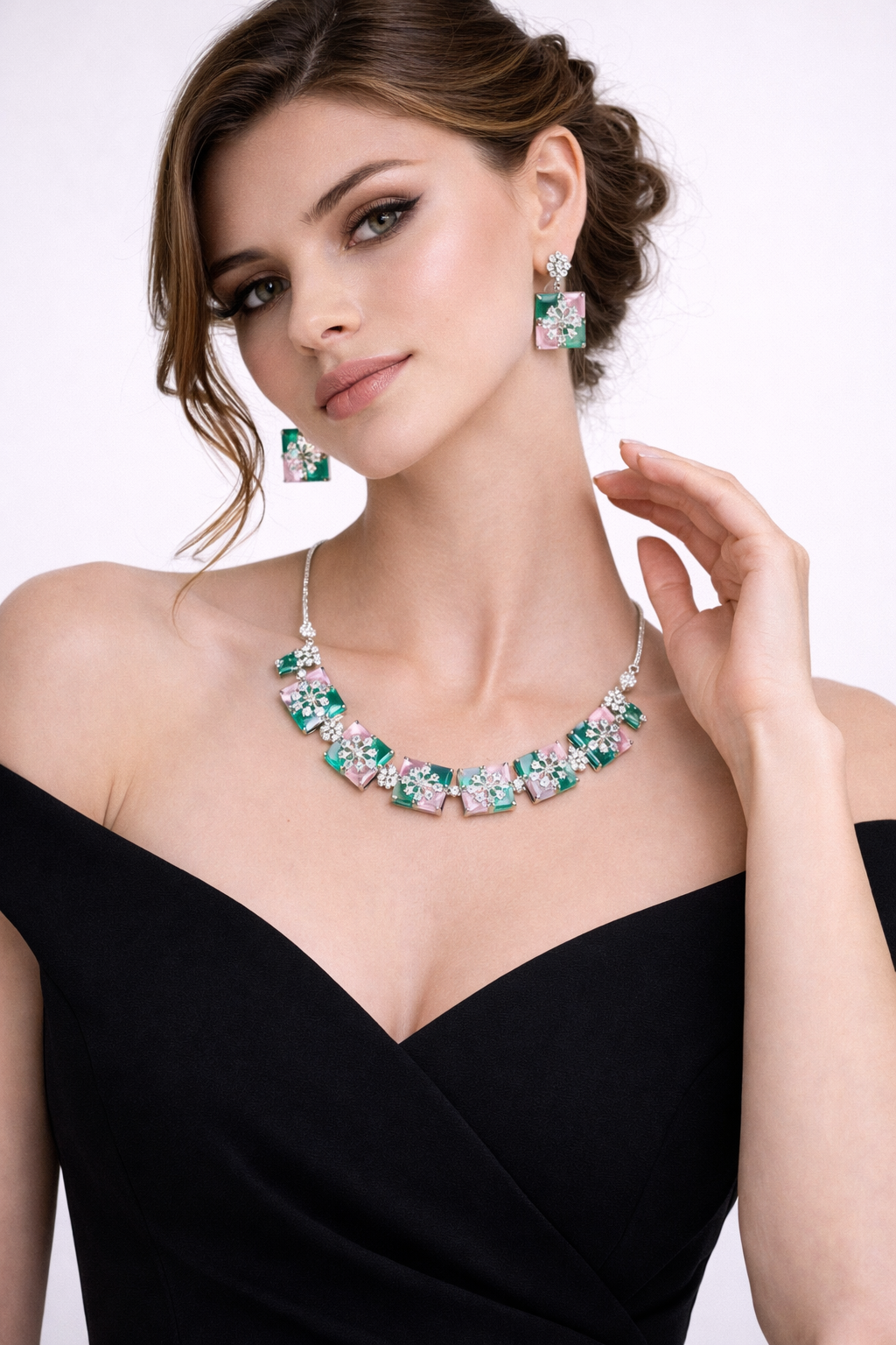Pastel Geometric Necklace Set with Square Stud Earrings