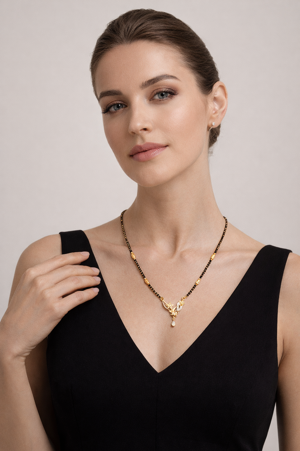 Gold-Plated Floral Leaf Mangalsutra with American Diamond Pendant for Women