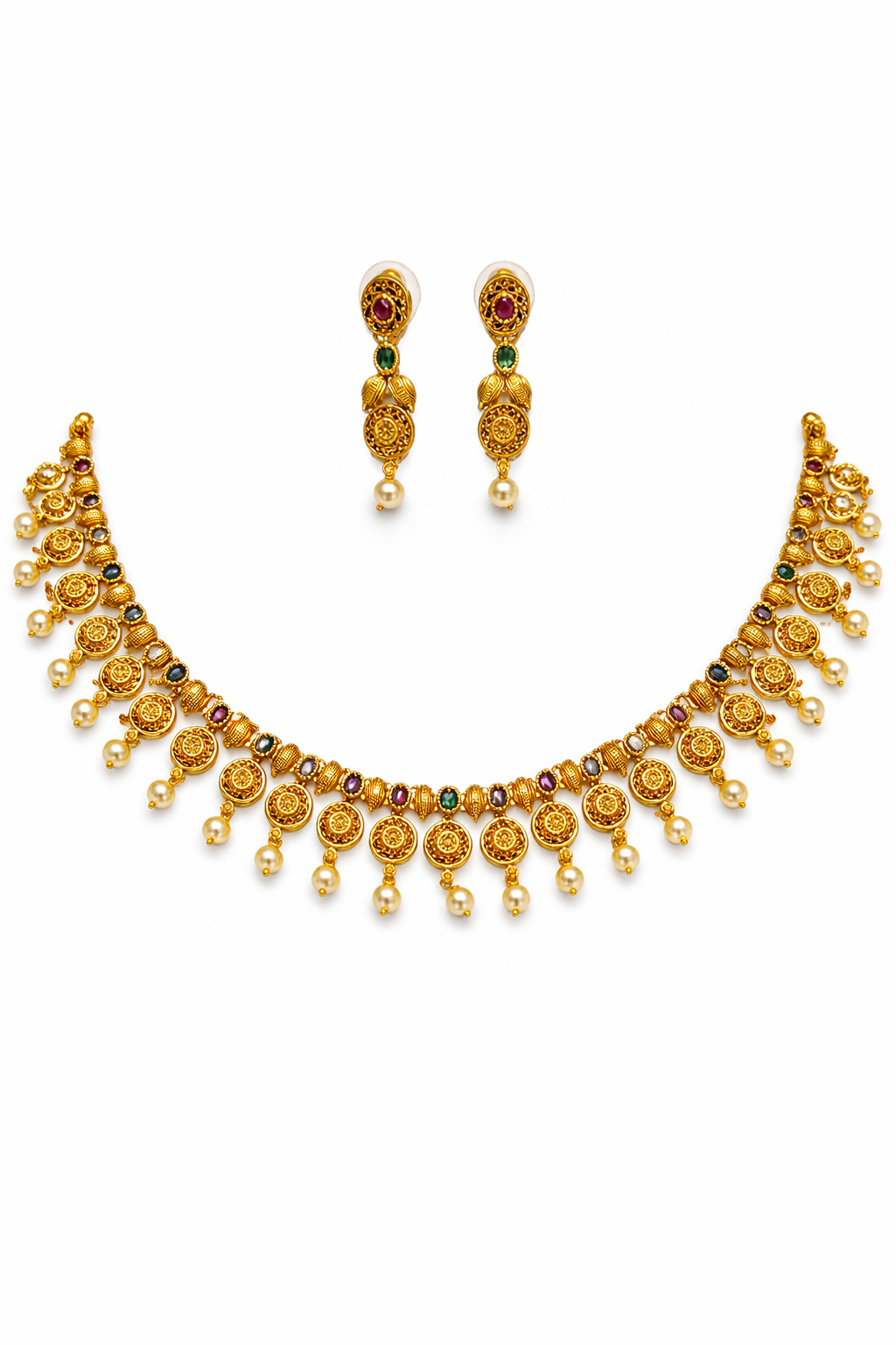 Ethnic Temple Style Necklace Set with Ruby Green Stone Accents