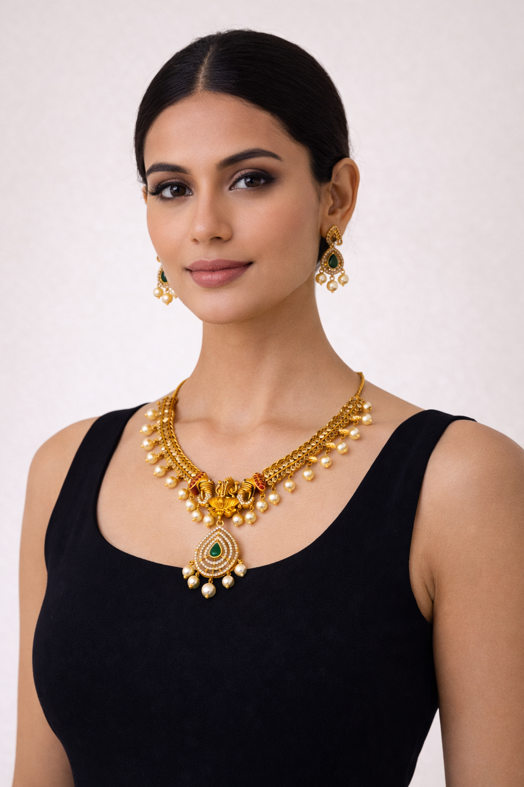Antique Ganesh Temple Necklace Set with Green Stone Pendant