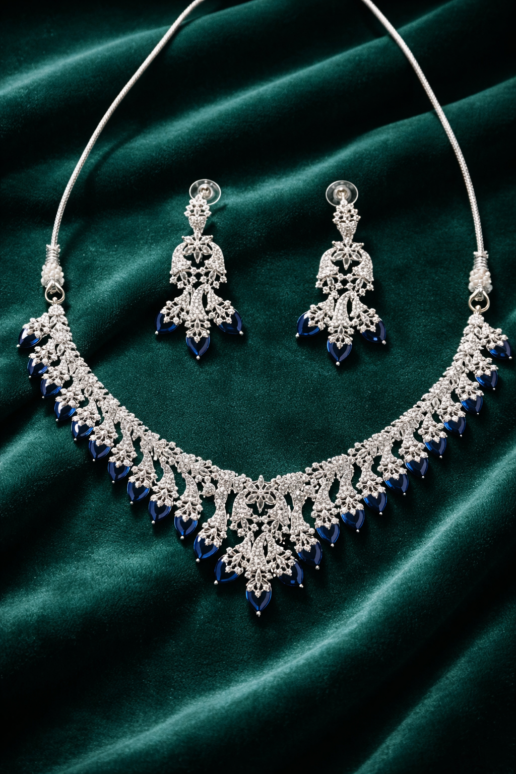 Elegant Silver Necklace Set with Blue Teardrop Stones