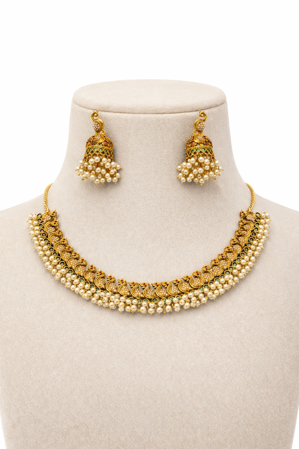 Antique Gold Peacock Choker Necklace Set with Jhumka Earrings