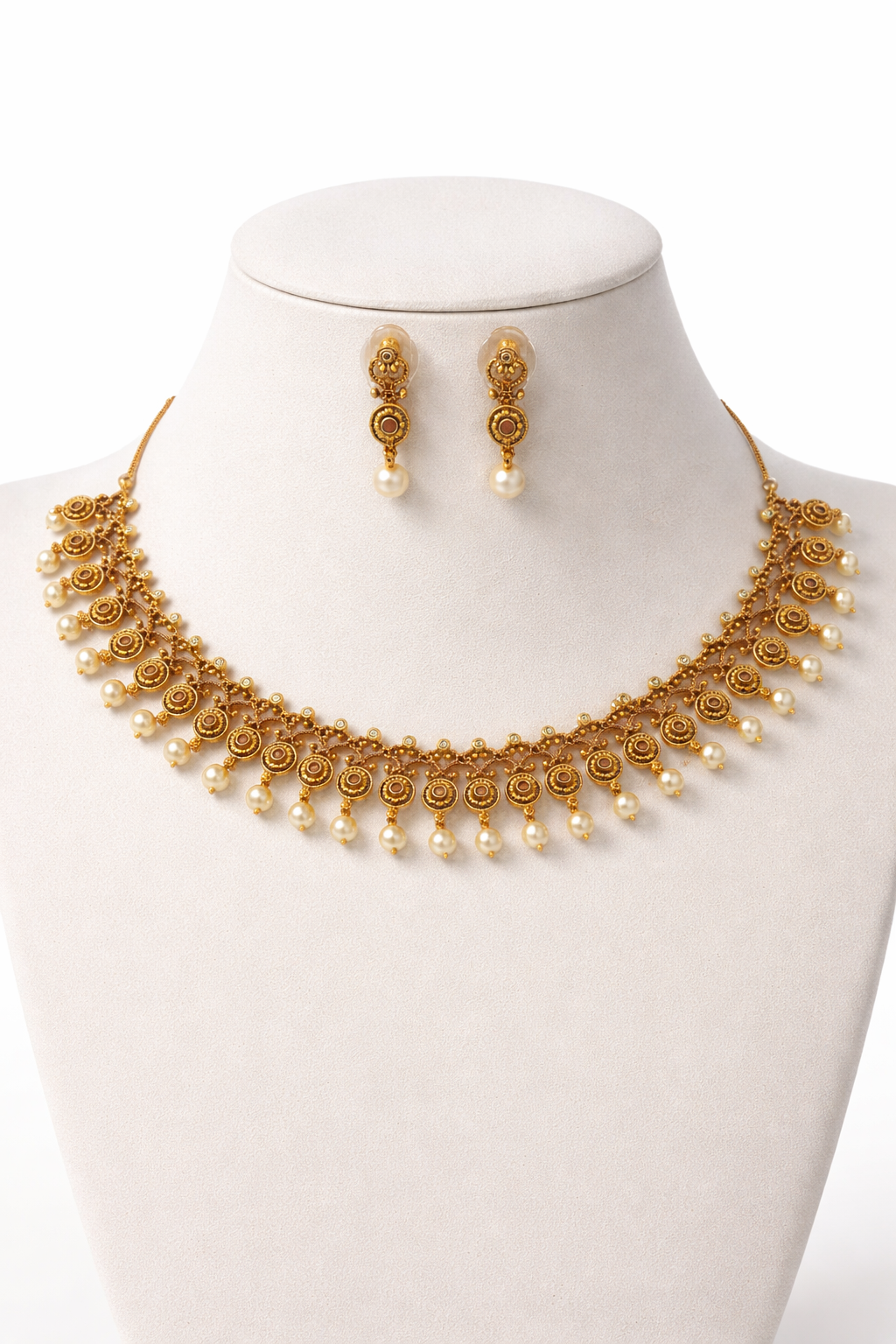 Traditional Coin Design Necklace Set with Pearl Drops