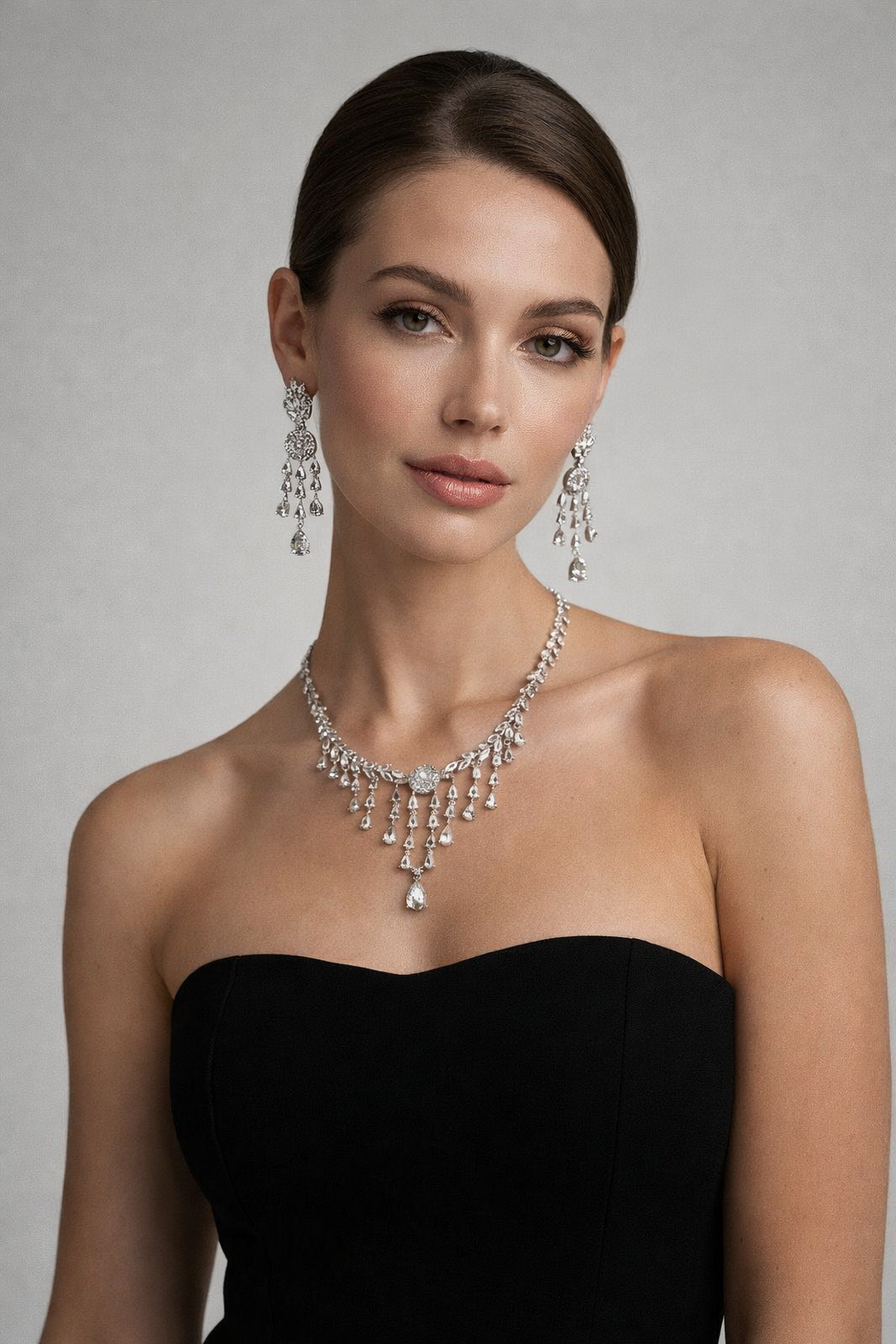 Silver Crystal Leaf Necklace Set with Tassel Drop Earrings