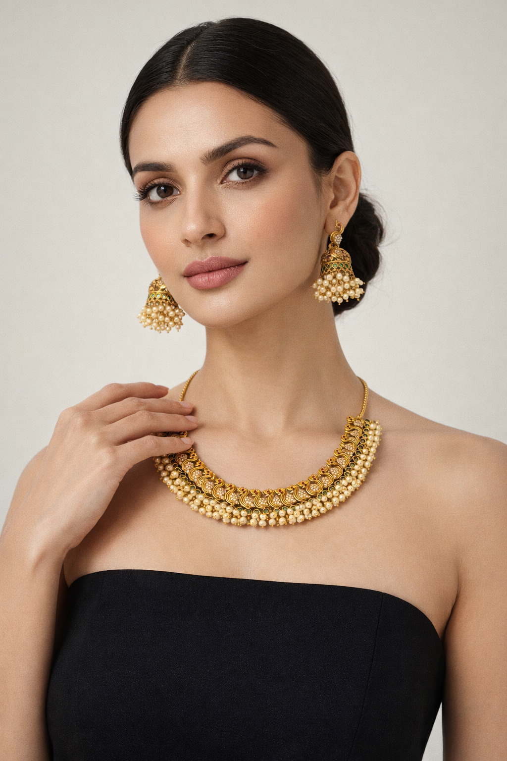 Antique Gold Peacock Choker Necklace Set with Jhumka Earrings