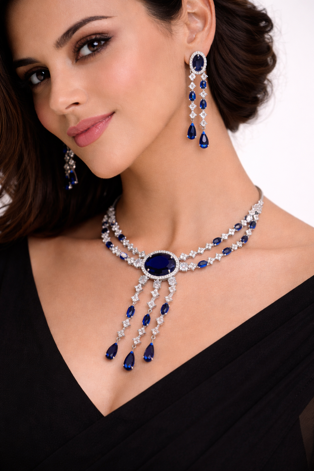 Royal Blue Stone Necklace Set with Long Drop Earrings