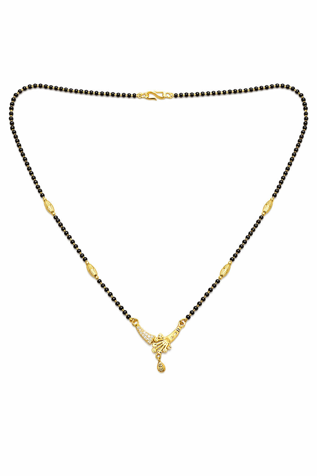 Gold-Plated Designer Mangalsutra with American Diamond Pendant and Black Bead Chain for Women