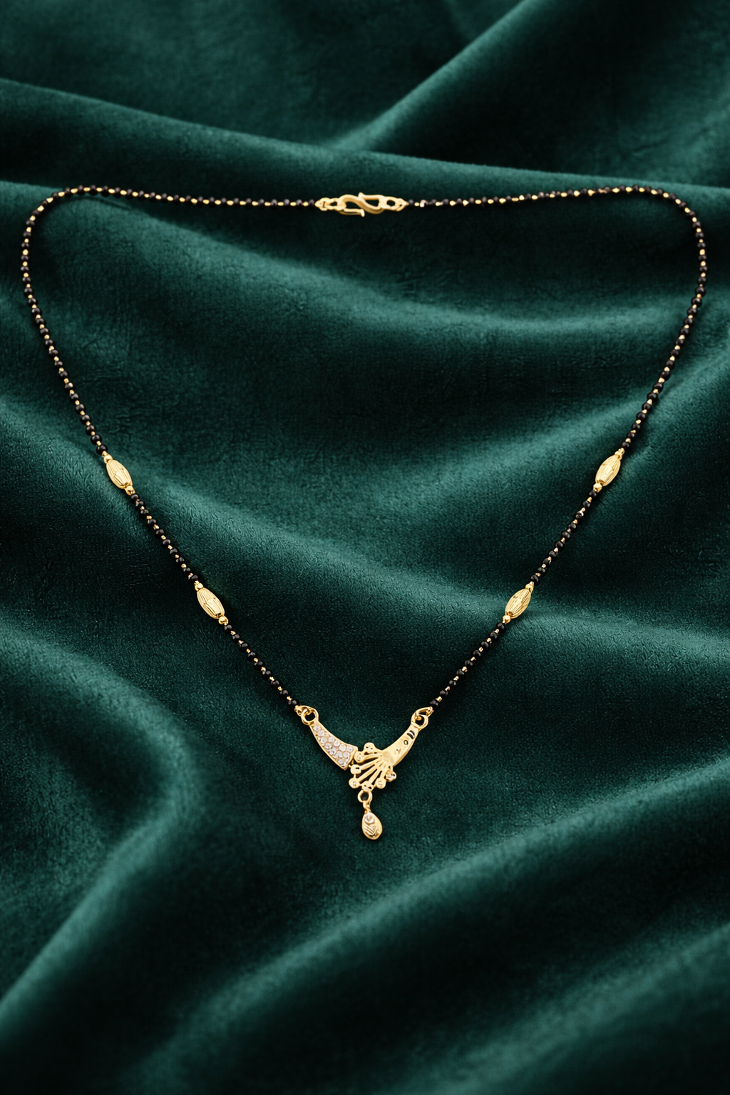 Gold-Plated Designer Mangalsutra with American Diamond Pendant and Black Bead Chain for Women