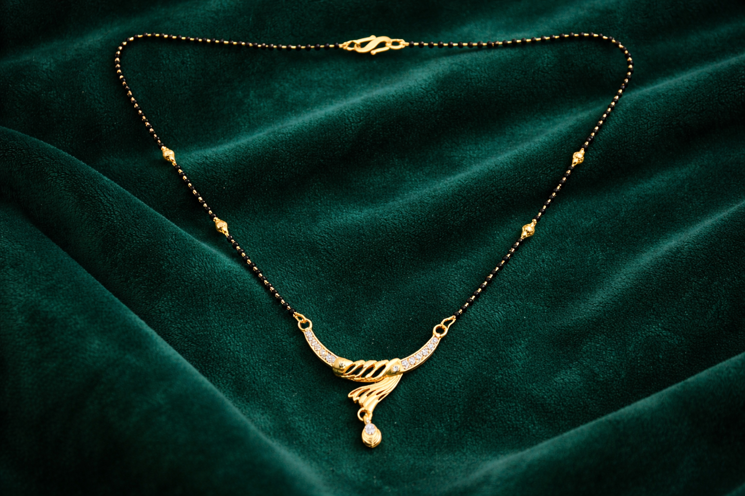 Gold-Plated Feather Design Mangalsutra with American Diamond Drop Pendant for Women