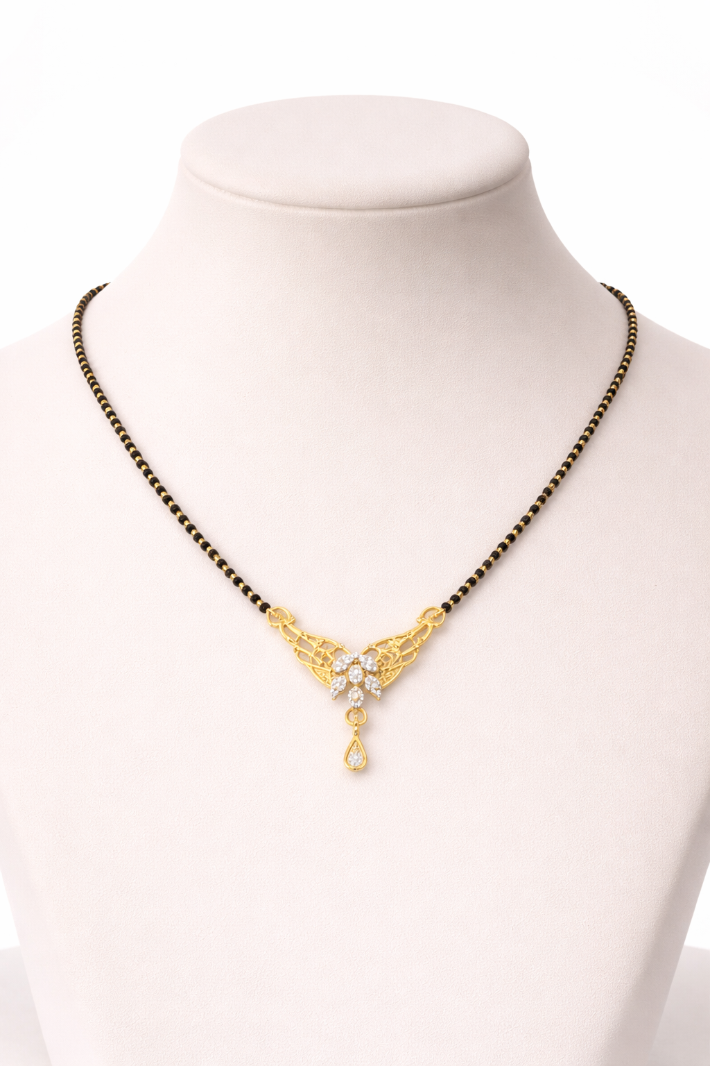 Gold-Plated CZ Floral Mangalsutra with Filigree Pendant and Teardrop Charm for Women