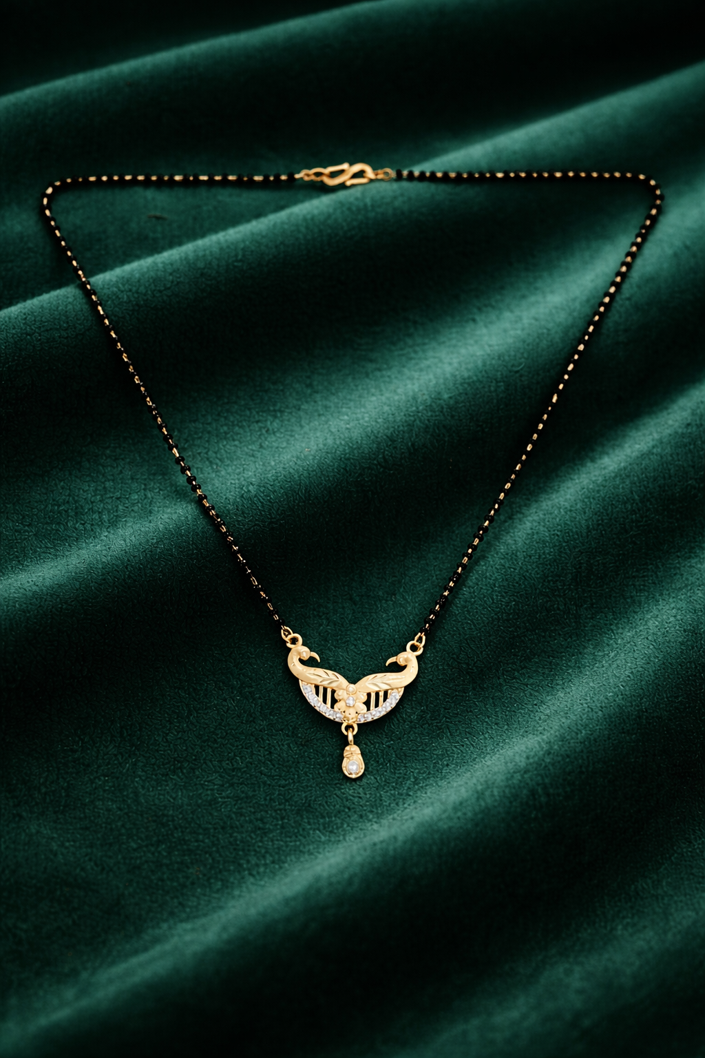 Gold-Plated Peacock Design Mangalsutra with CZ Stones and Teardrop Pendant for Women