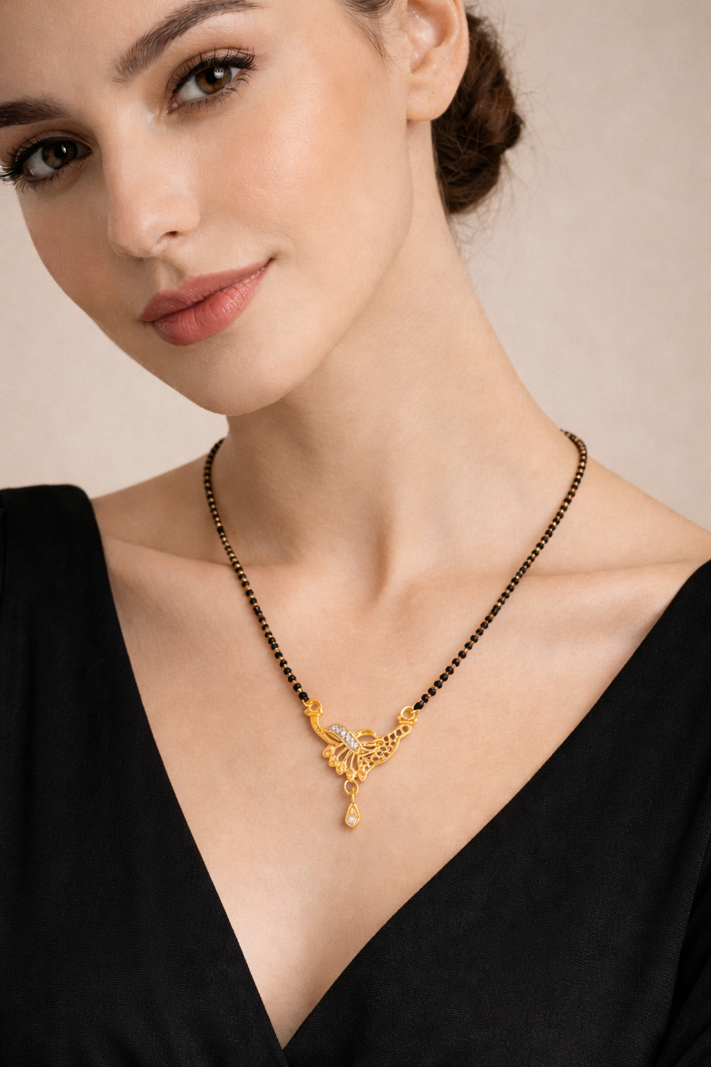 Gold-Plated CZ Peacock-Inspired Mangalsutra with Teardrop Pendant for Women