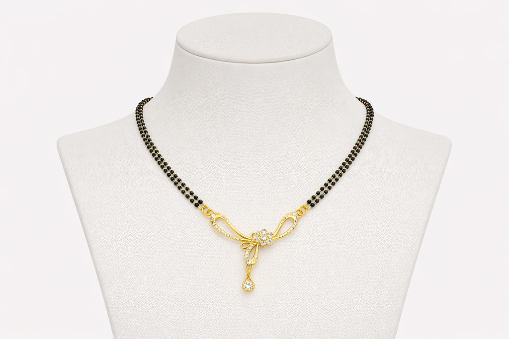 Gold-Plated Double Chain CZ Floral Mangalsutra with Teardrop Pendant for Women