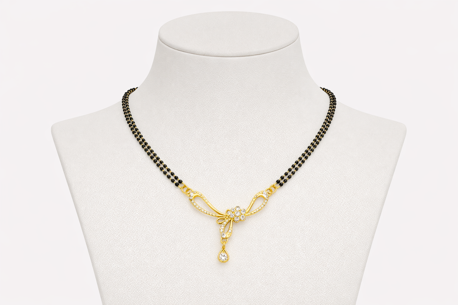 Gold-Plated Double Chain CZ Floral Mangalsutra with Teardrop Pendant for Women
