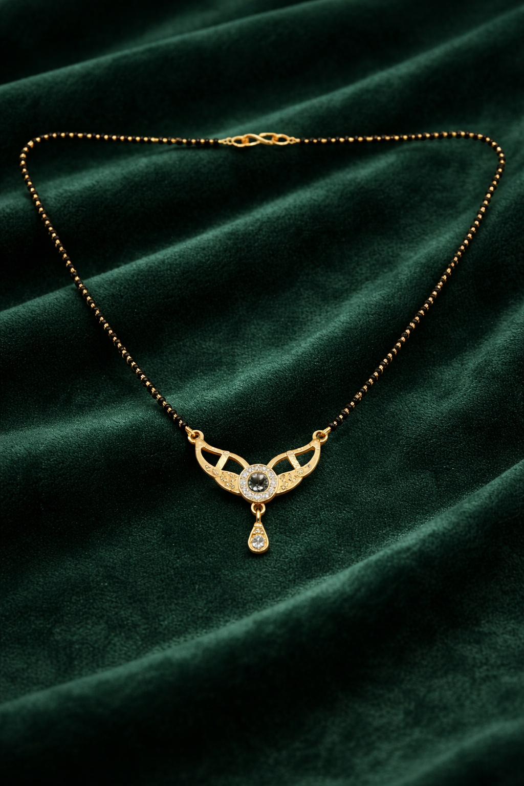 Gold-Plated CZ Mangalsutra with Round Solitaire Pendant and Teardrop Charm for Women