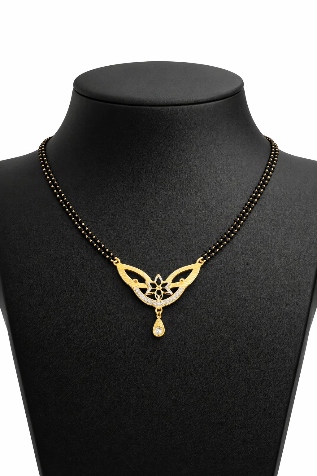 Gold-Plated Floral CZ Mangalsutra with Teardrop Pendant for Women