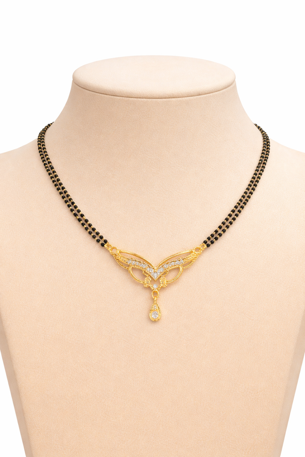 Gold-Plated CZ Mangalsutra with Elegant Leaf Design Pendant for Women