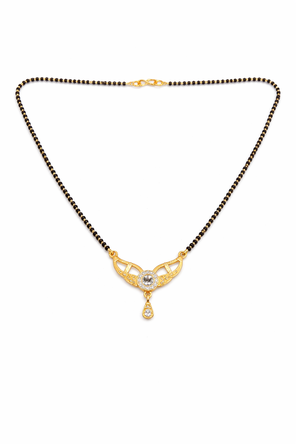 Gold-Plated CZ Mangalsutra with Round Solitaire Pendant and Teardrop Charm for Women