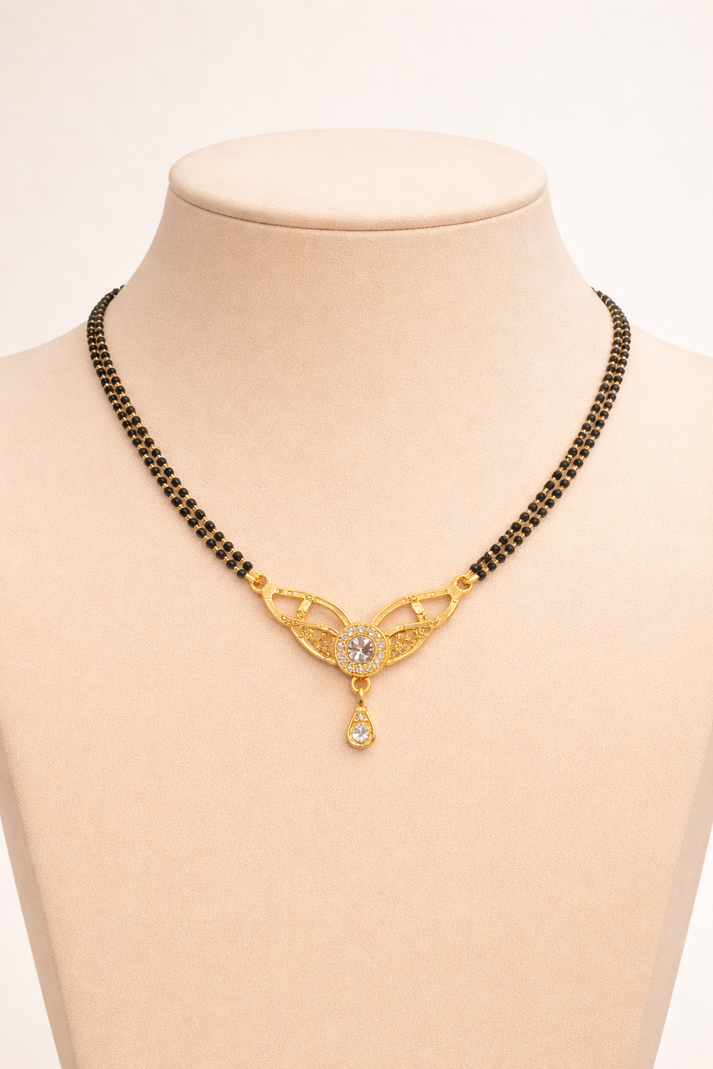 Gold-Plated CZ Mangalsutra with Round Solitaire Pendant and Teardrop Charm for Women