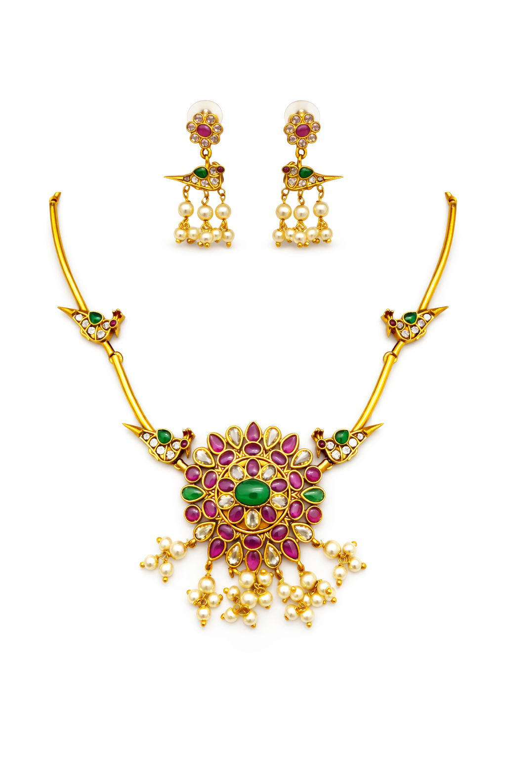 Antique Gold Necklace Set with Pink Green Stone Floral Pendant