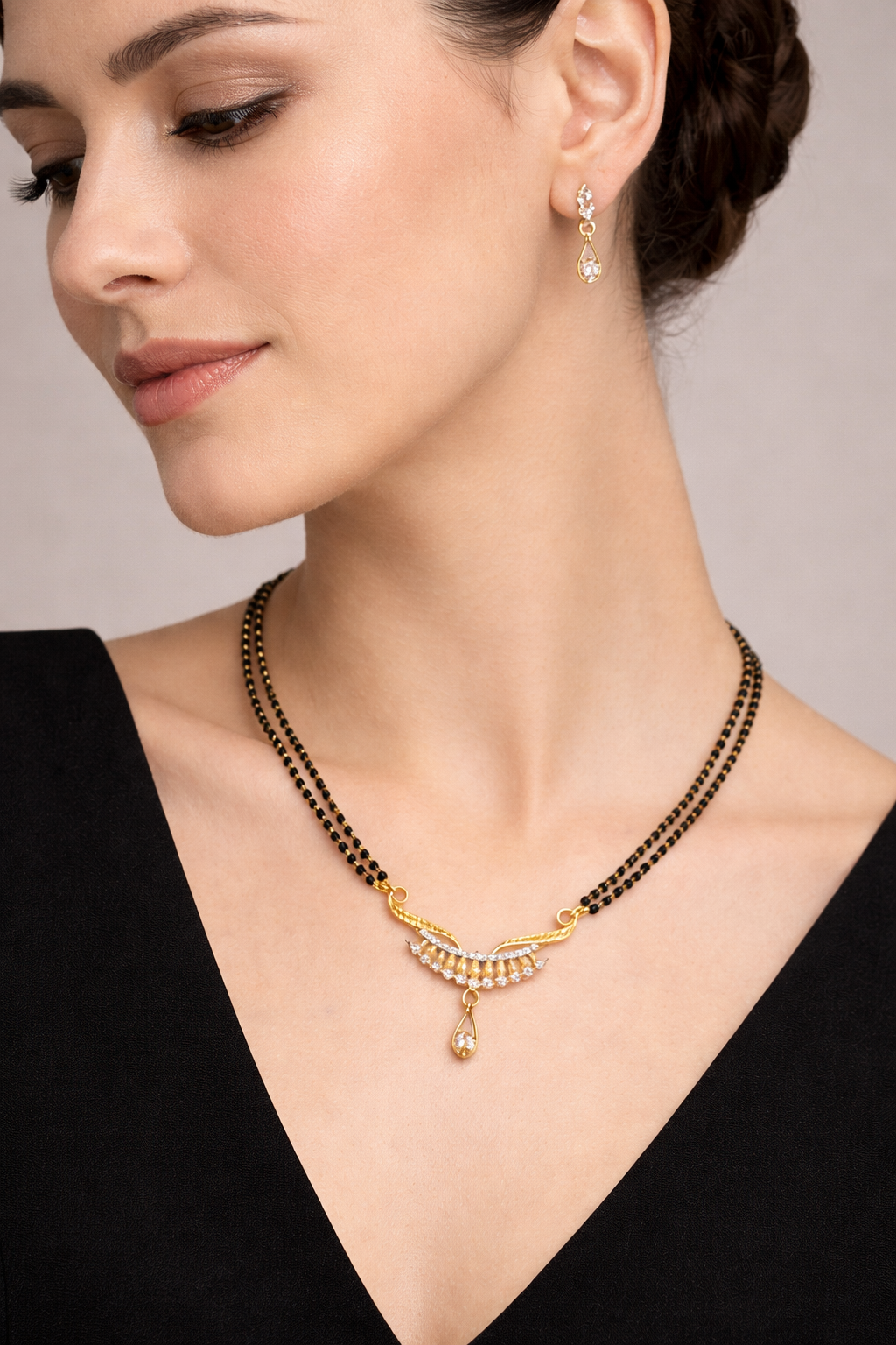 Gold-Plated Double Line Mangalsutra with American Diamond Pendant for Women