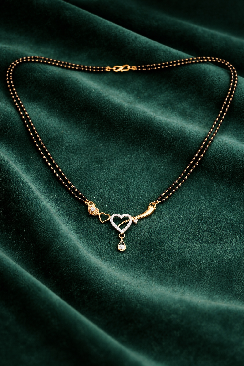 Gold-Plated Double Line Heart Design Mangalsutra with American Diamond Pendant for Women