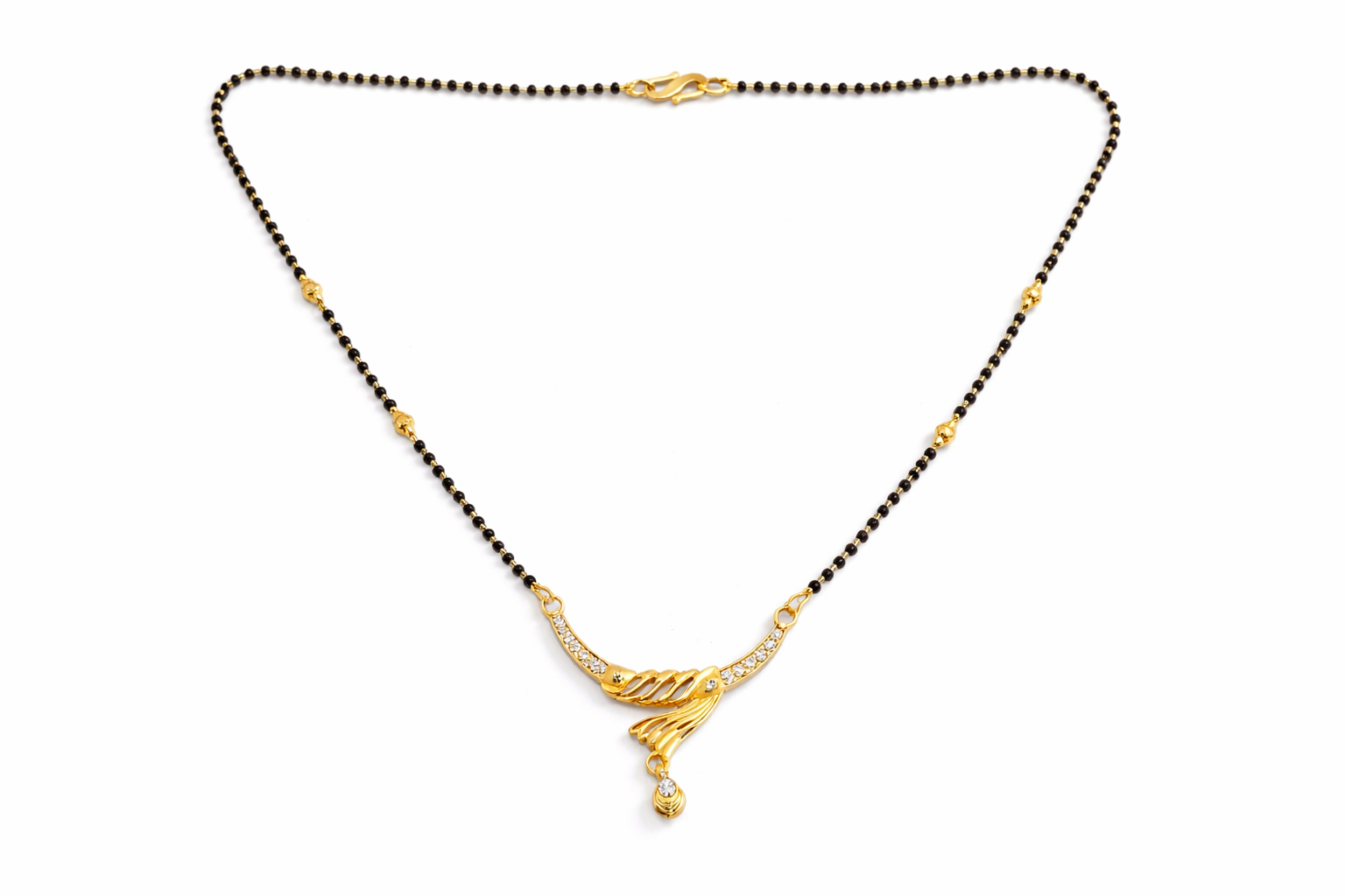 Gold-Plated Feather Design Mangalsutra with American Diamond Drop Pendant for Women