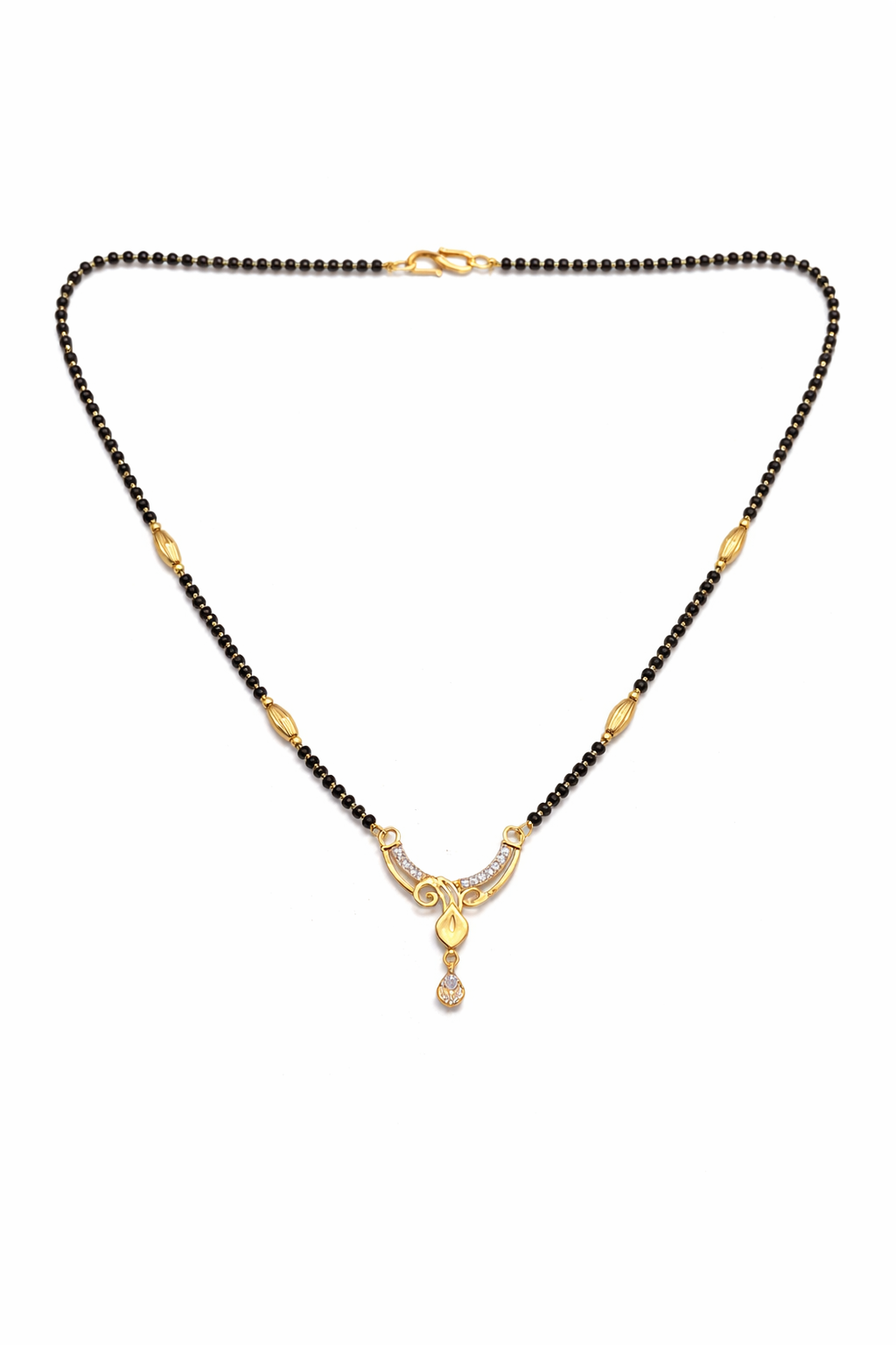 Gold-Plated Curved Leaf Mangalsutra with American Diamond Drop Pendant for Women
