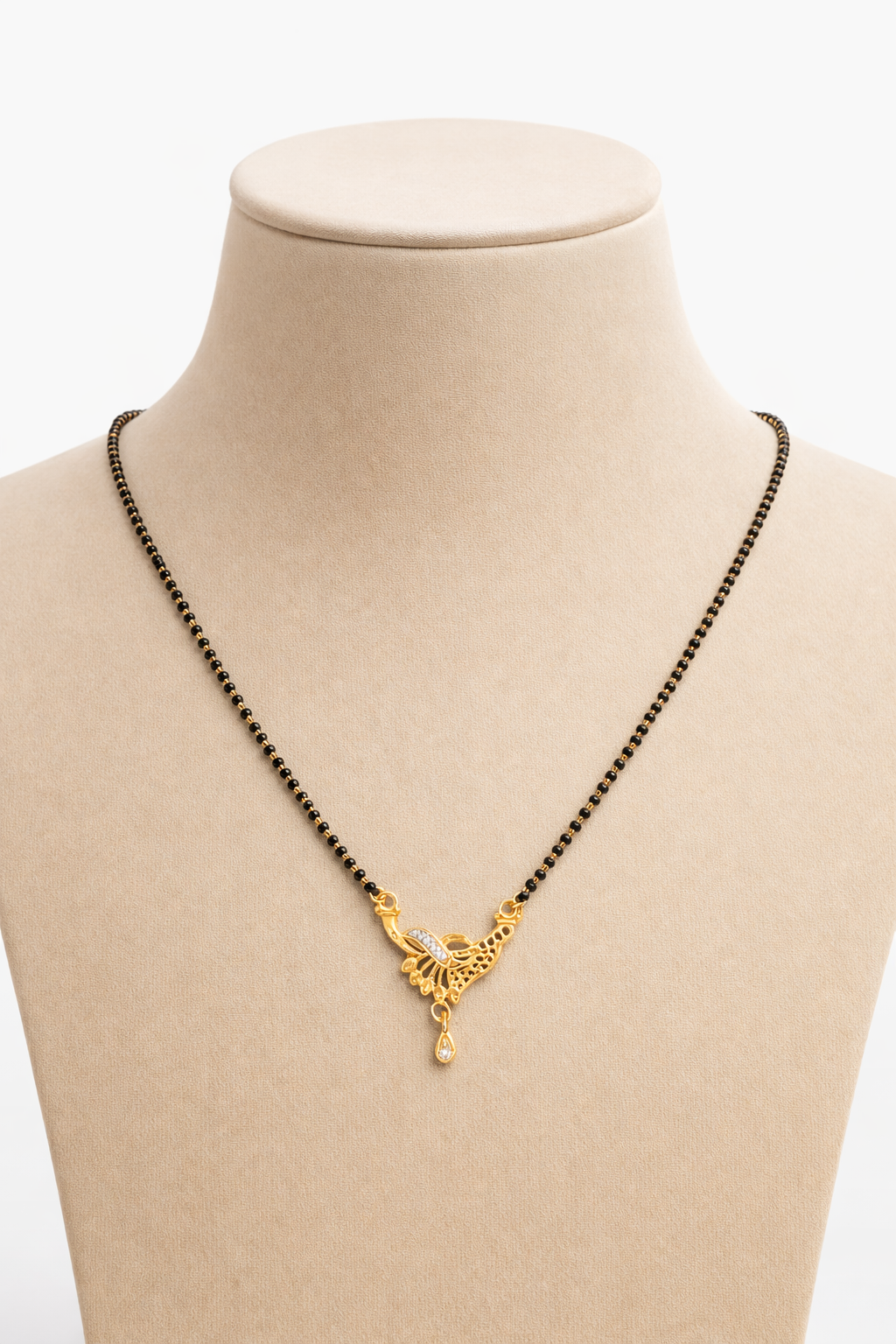 Gold-Plated CZ Peacock-Inspired Mangalsutra with Teardrop Pendant for Women