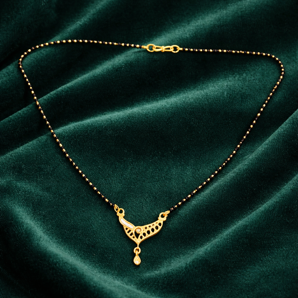 Gold-Plated Black Enamel Mangalsutra with Elegant V-Shape Pendant for Women