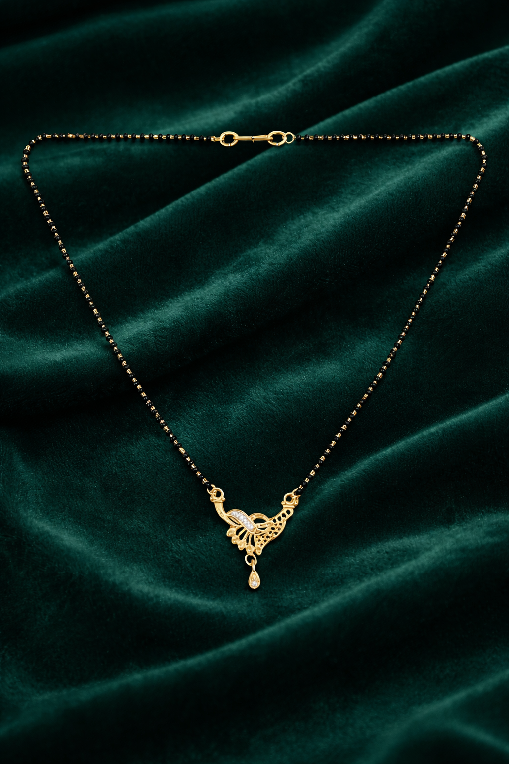 Gold-Plated CZ Peacock-Inspired Mangalsutra with Teardrop Pendant for Women