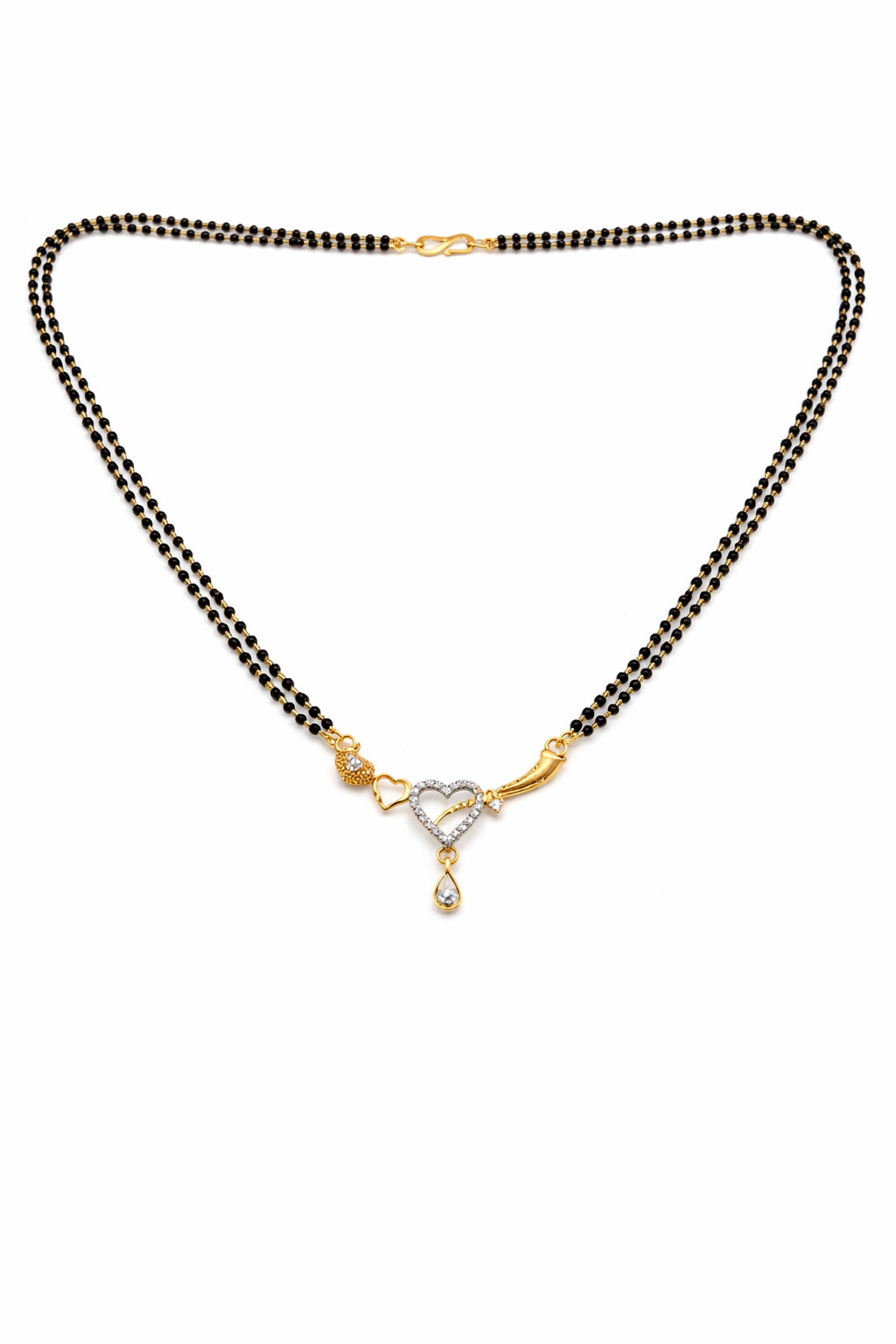 Gold-Plated Double Line Heart Design Mangalsutra with American Diamond Pendant for Women