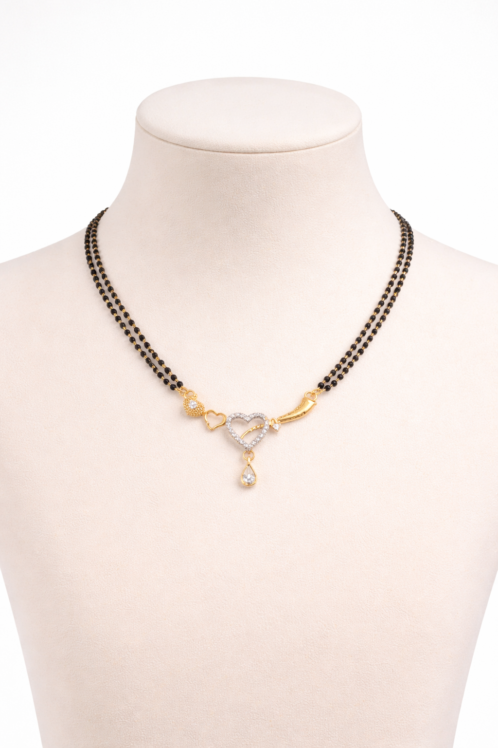 Gold-Plated Double Line Heart Design Mangalsutra with American Diamond Pendant for Women