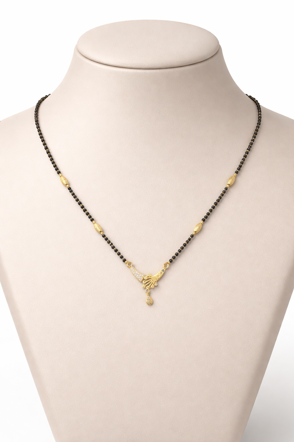 Gold-Plated Designer Mangalsutra with American Diamond Pendant and Black Bead Chain for Women