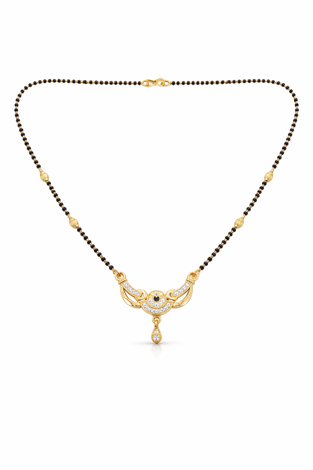 Gold-Plated CZ Mangalsutra with Black Stone Center & Teardrop Pendant for Women