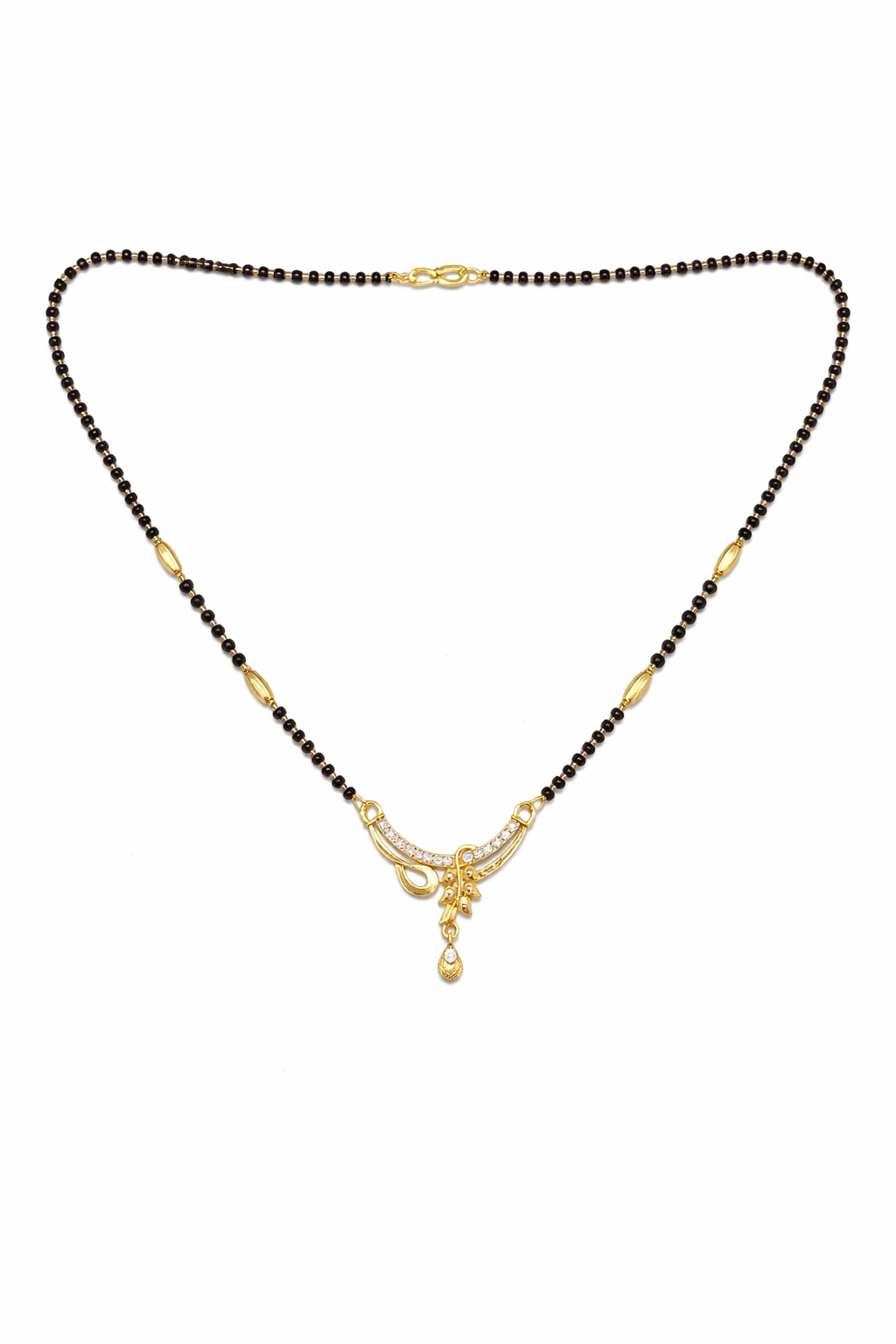 Gold-Plated Curved Designer Mangalsutra with American Diamond Drop Pendant for Women