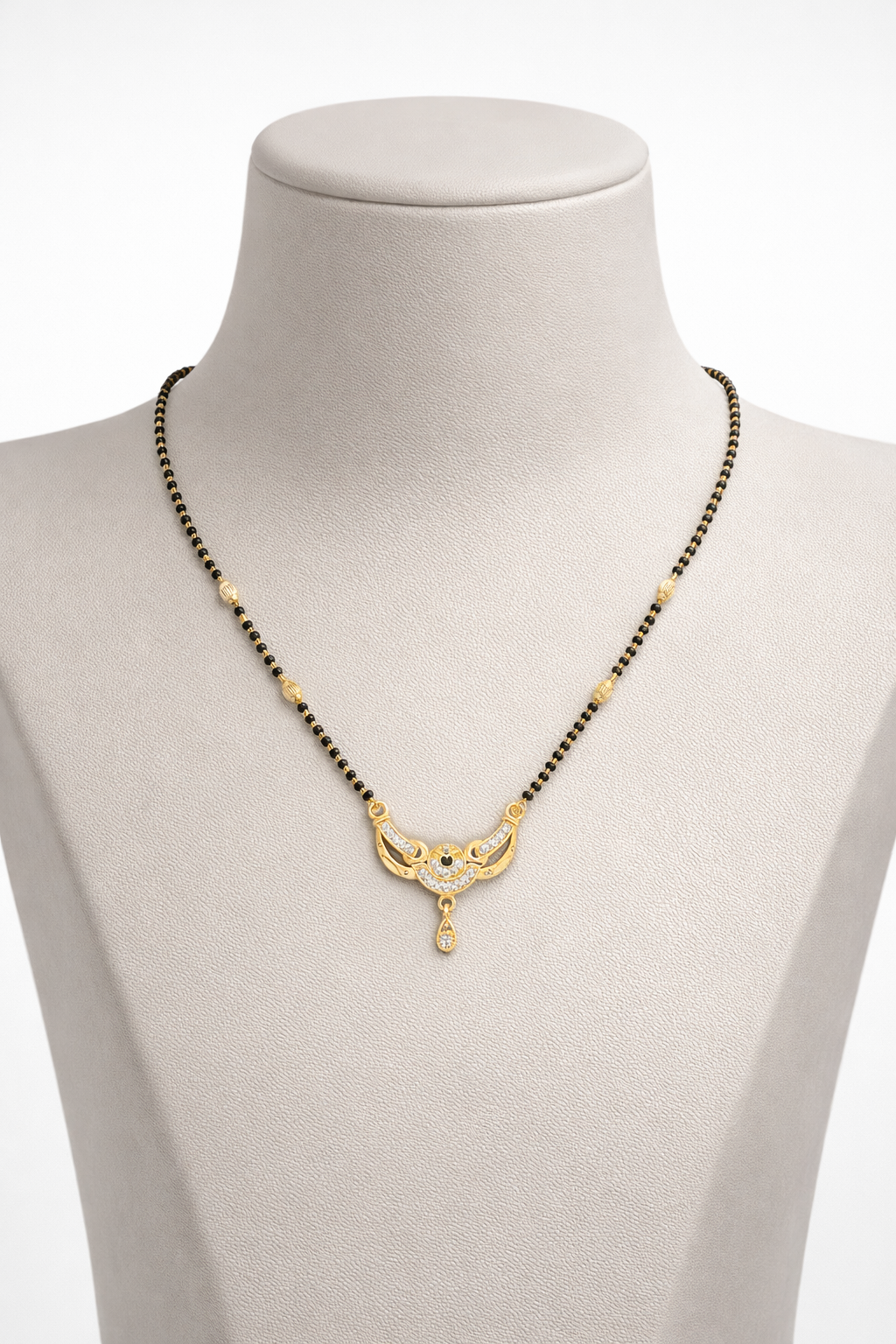 Gold-Plated CZ Mangalsutra with Black Stone Center & Teardrop Pendant for Women