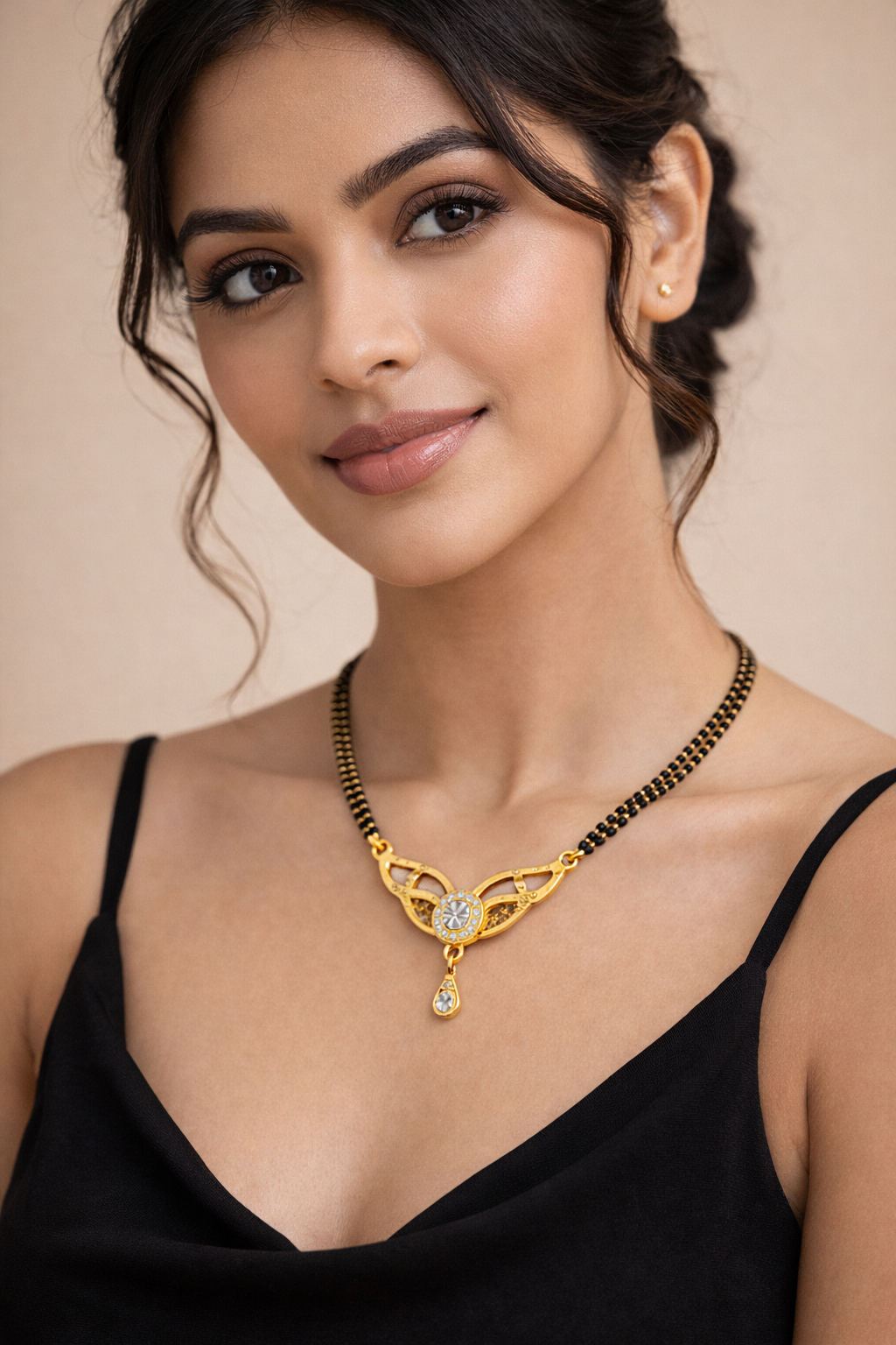 Gold-Plated CZ Mangalsutra with Round Solitaire Pendant and Teardrop Charm for Women