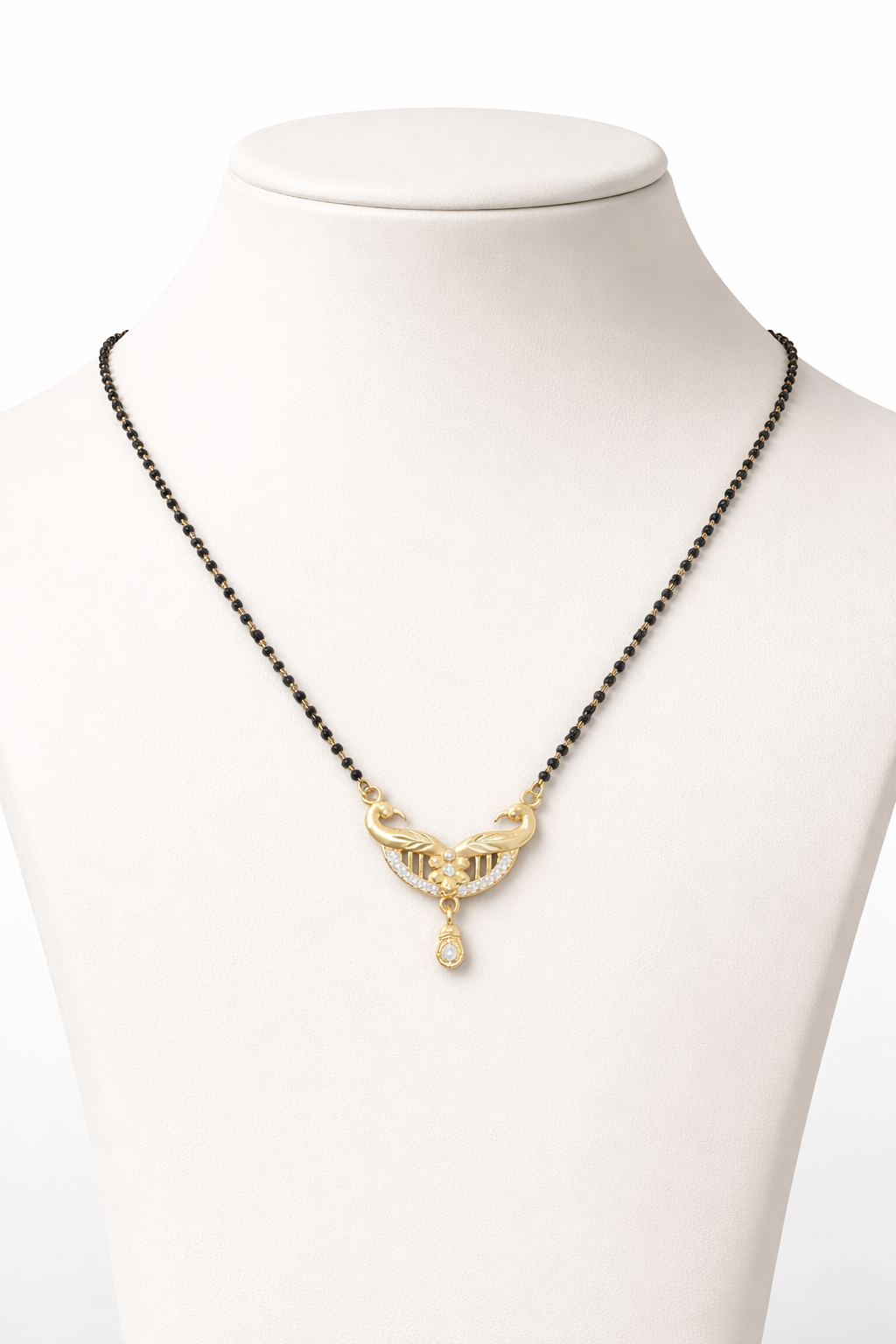 Gold-Plated Peacock Design Mangalsutra with CZ Stones and Teardrop Pendant for Women