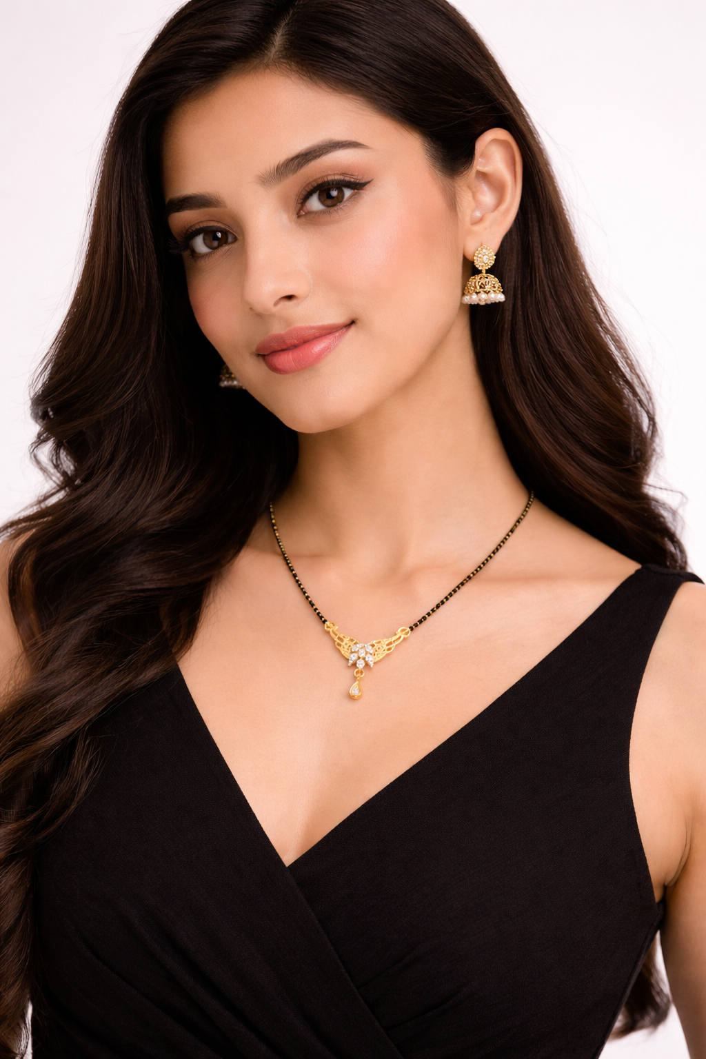 Gold-Plated CZ Floral Mangalsutra with Filigree Pendant and Teardrop Charm for Women