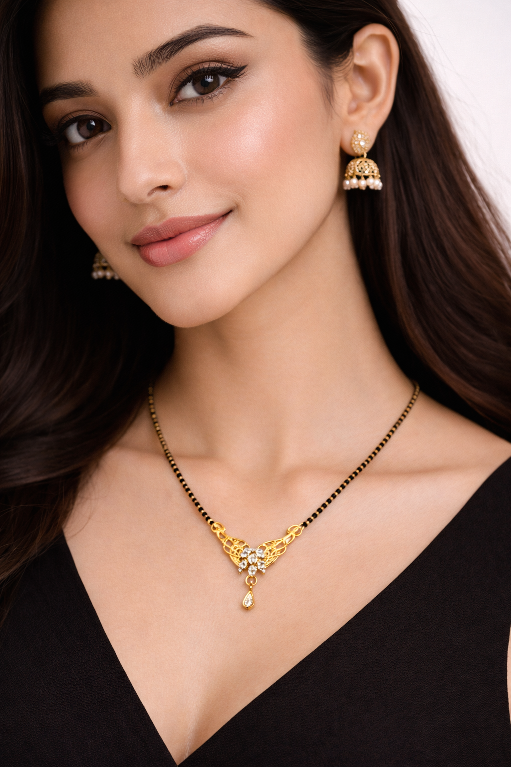 Gold-Plated CZ Floral Mangalsutra with Filigree Pendant and Teardrop Charm for Women