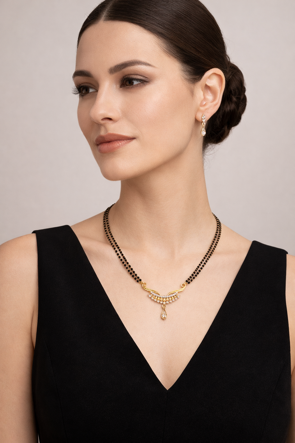 Gold-Plated Double Line Mangalsutra with American Diamond Pendant for Women