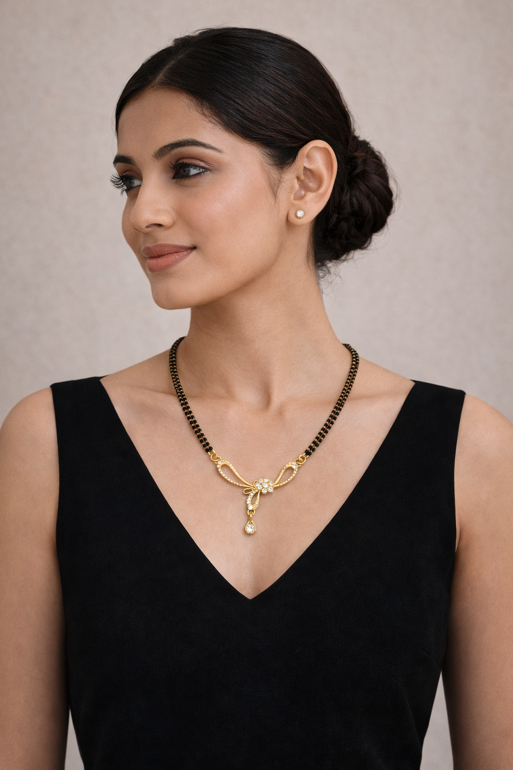 Gold-Plated Double Chain CZ Floral Mangalsutra with Teardrop Pendant for Women