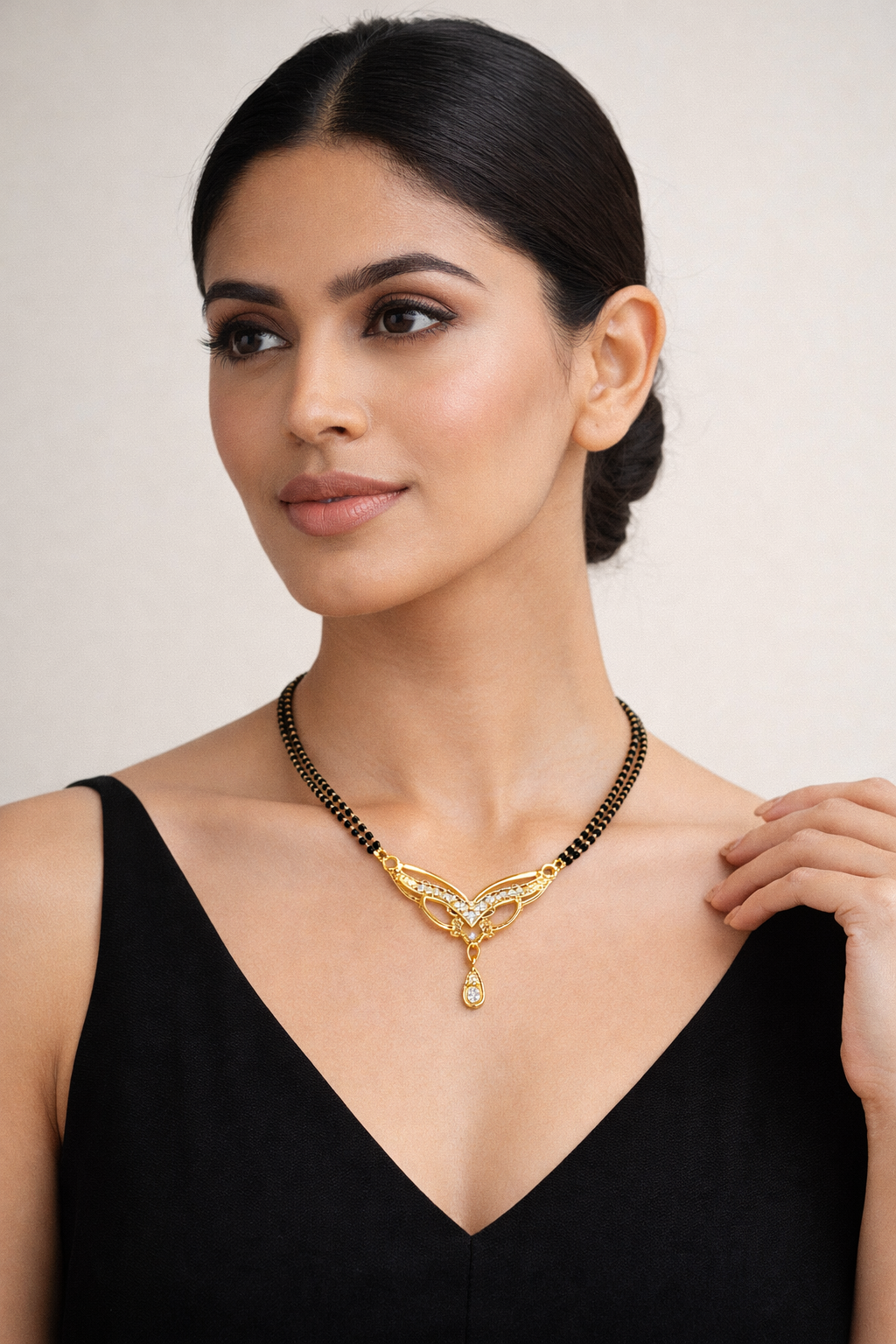 Gold-Plated CZ Mangalsutra with Elegant Leaf Design Pendant for Women