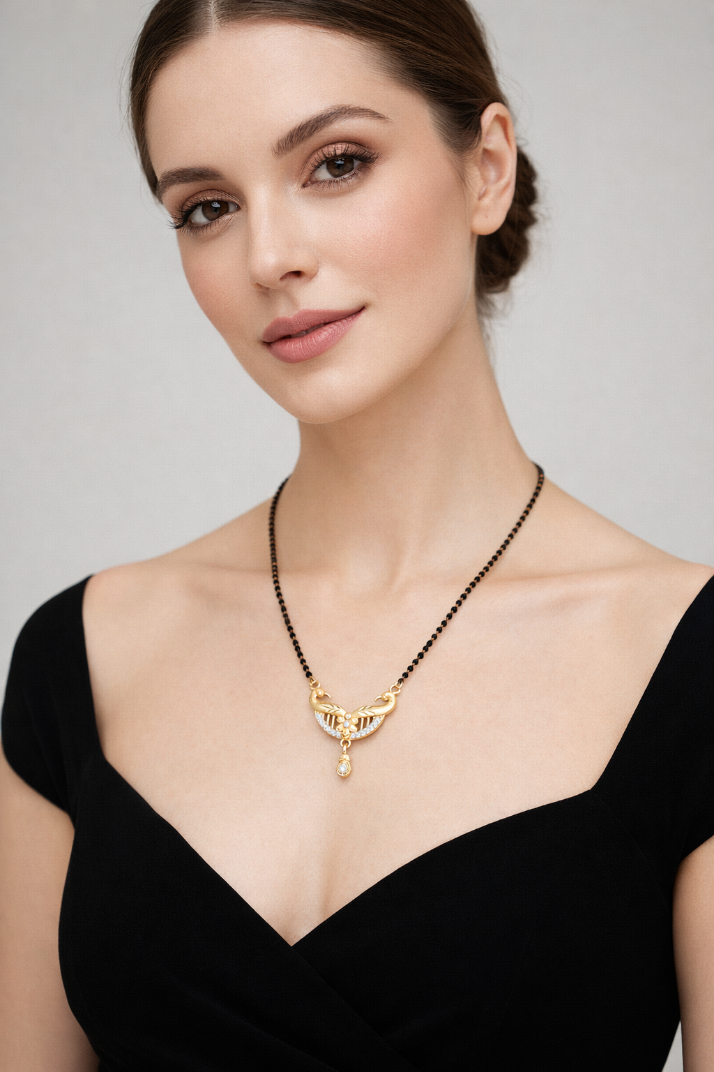 Gold-Plated Peacock Design Mangalsutra with CZ Stones and Teardrop Pendant for Women