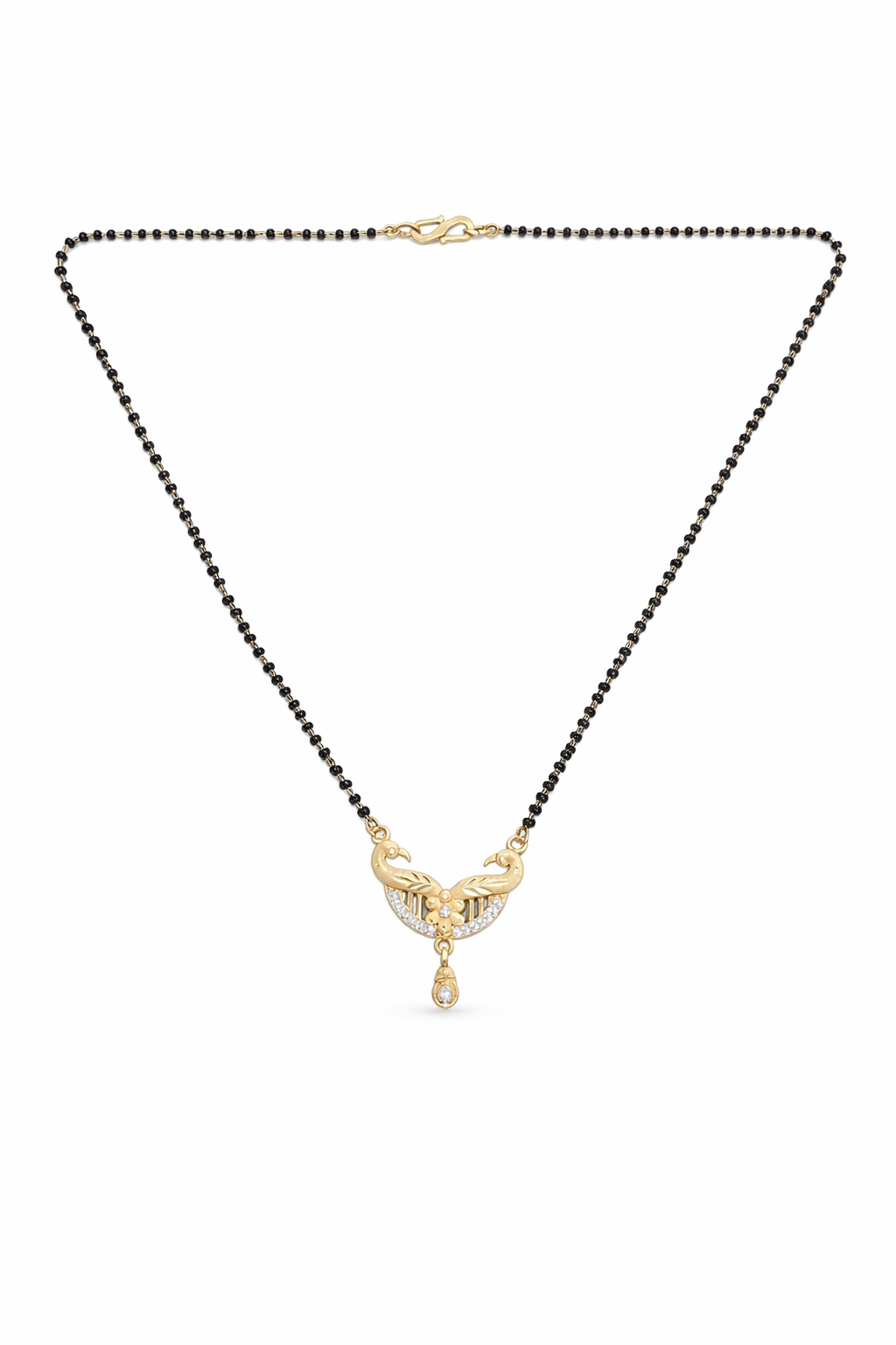 Gold-Plated Peacock Design Mangalsutra with CZ Stones and Teardrop Pendant for Women