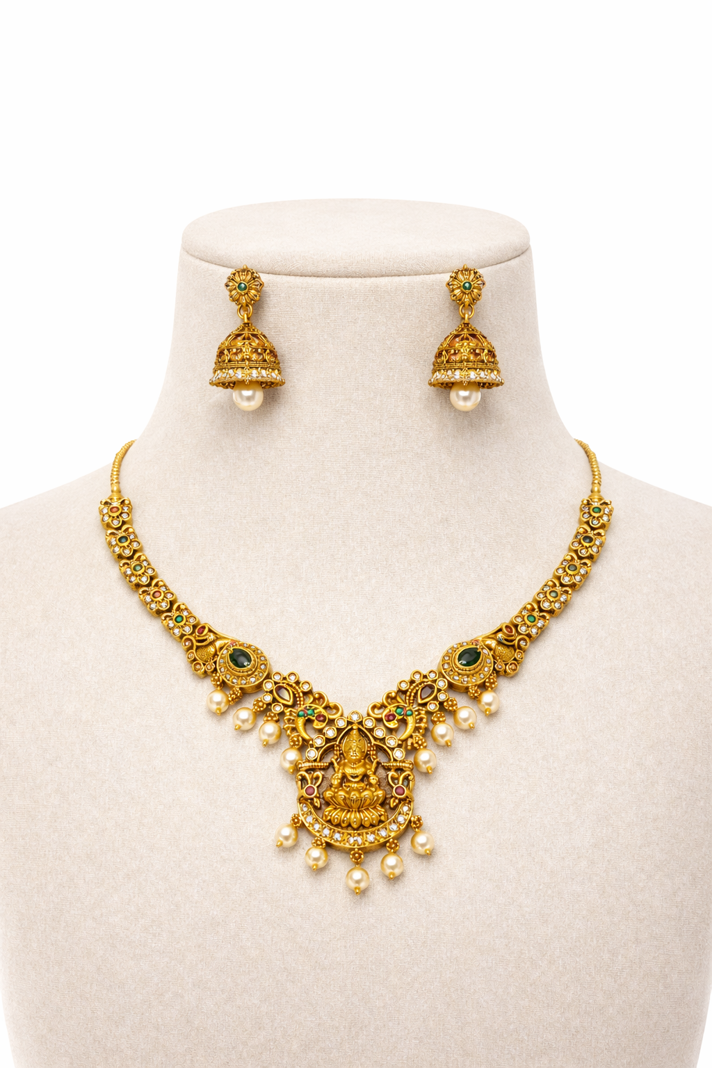 Traditional Antique Gold-Plated Lakshmi Temple Necklace Set with Jhumka Earrings | Green & Ruby Stone Bridal Jewellery | South Indian Wedding Jewellery for Women