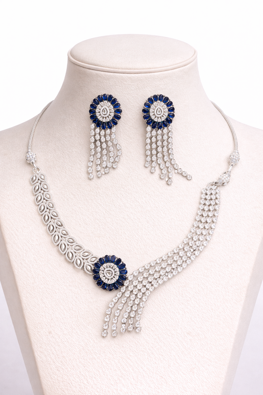 Elegant Silver Necklace Set with Blue Crystal Accents